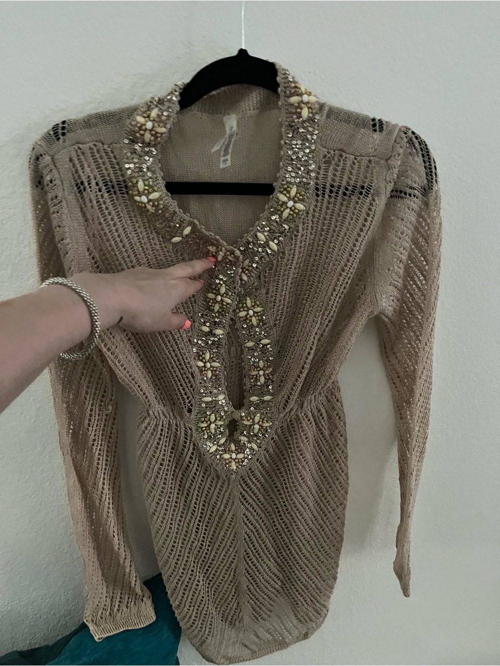 Victoria's Secret Beige Open-Knit Sweater with Embellished Neck Bathing Suit Cov